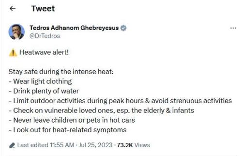 اخطار دبیرکل سازمان جهانی بهداشت در رابطه با ساعات اوج گرما